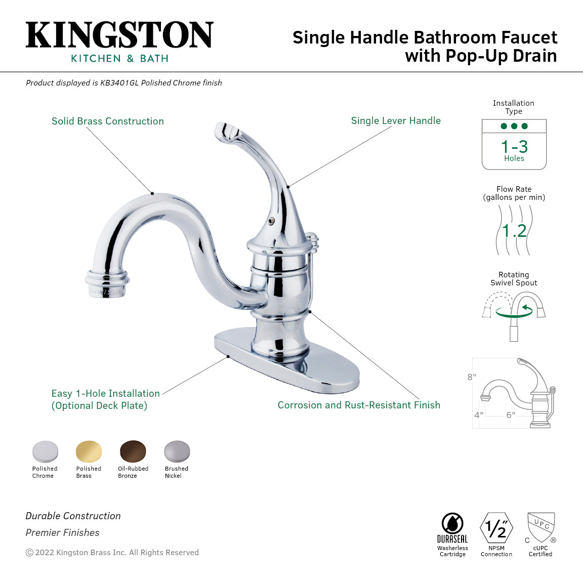 Kingston Heirloom KB3402GL - Georgian One-Handle 1-Hole Bathroom Faucet with Deck Plate and Pop-Up Drain, Polished Brass — thumbnail 2
